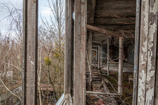 Local escolar en la ciudad de Pripyat en Ucrania. Vacío. Dampness. Zona de exclusión. Zona de Chernóbil - Foto, imagen
