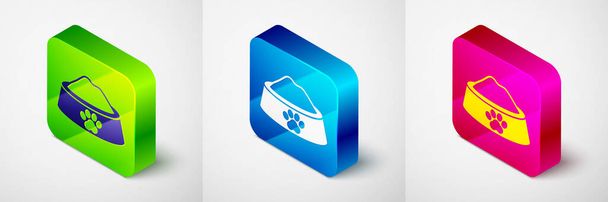 Isometric Pet food bowl for cat or dog icon isolated on grey background. Dog or cat paw print. Square button. Vector - Vector, Image