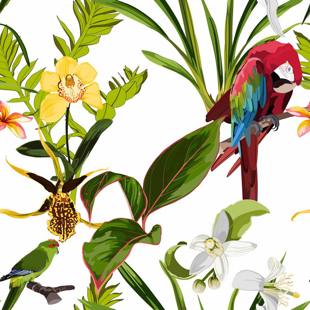 Exotický vzor květin. Tropické žluté orchideje, zelené a červené papoušky a palmové listy v letním tisku. Havajské tričko a dlaždice na plavky. Bílé pozadí. - Vektor, obrázek