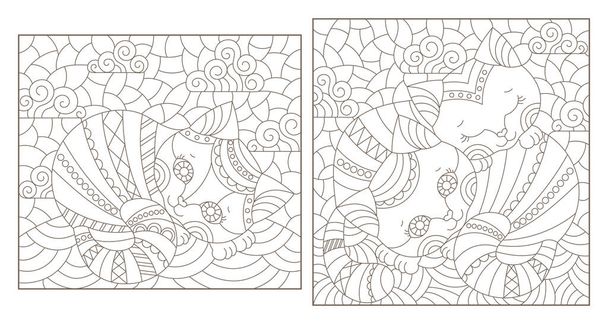Conjunto de ilustraciones de contorno en el estilo de vidrieras con gatos abstractos, contornos oscuros sobre fondo blanco, imágenes rectangulares - Vector, imagen