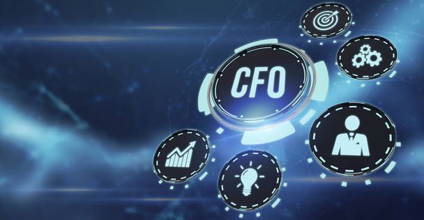 インターネット、ビジネス、テクノロジー、ネットワークの概念将来の仮想画面と碑文を見て: CFO - 写真・画像