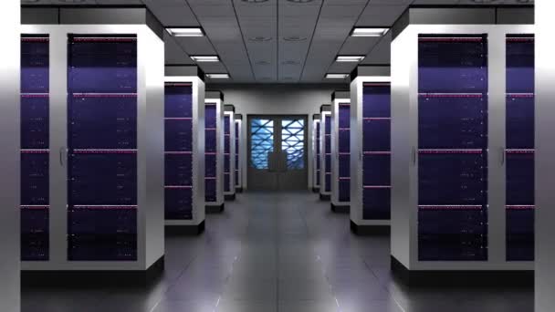 Adatközpont sok rack szerverek álló egymás után - hosting, tárolás koncepció - 3D 4k animáció (3840x2160 px). - Felvétel, videó