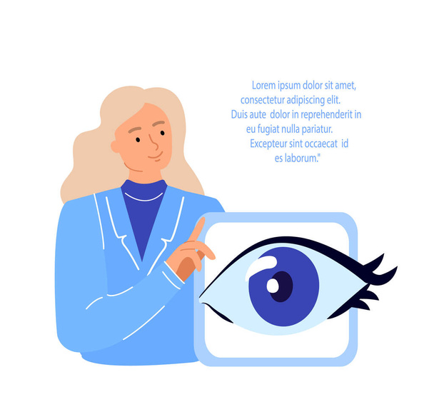 Orvosok Szemész, Szemész Vizsgálat, Diagnózis Eye Vision Acuity with Snellen Chart.Távollátás, Színvakság, Glaukóma kezelés.Kutatás Klinikai vizsgálat.Orvosi tanács Illusztráció - Fotó, kép