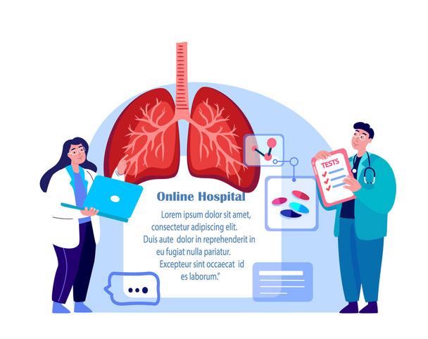 Doctors Pulmonlogists Researcher, Curing, Researching Lungs, Trachea, Bronchi.Analyze Respiratory System.Medical Hospital Staff Consilium Consultation.COVID, Fever, Pneumonia Treatment.Vector Illustration - Фото, зображення