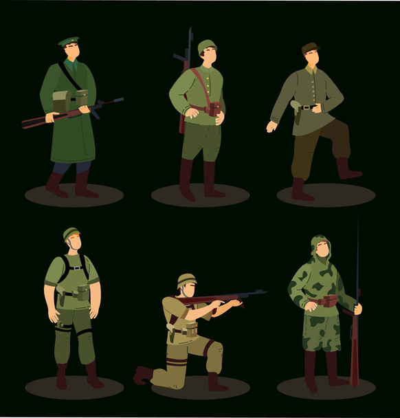 Συλλογή από διάφορους στρατιωτικούς στρατιώτες ή Στρατού Προσωπικού ντυμένοι με στολή καμουφλάζ. Σετ στρατιωτών, πράκτορας μυστικών υπηρεσιών, Combat, Serdeant, Capitan με Weapon.Flat Cartoon Vector illustration - Φωτογραφία, εικόνα