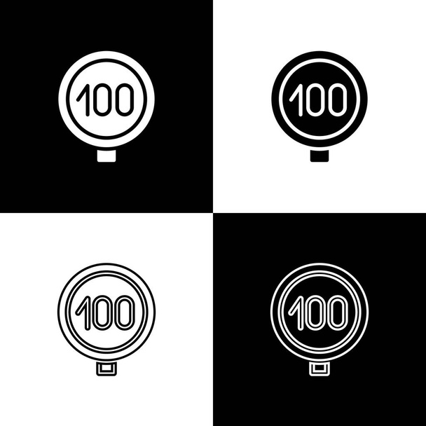 Nastavit dopravní značku omezení rychlosti 100 km ikona izolované na černobílém pozadí. Vektor - Vektor, obrázek
