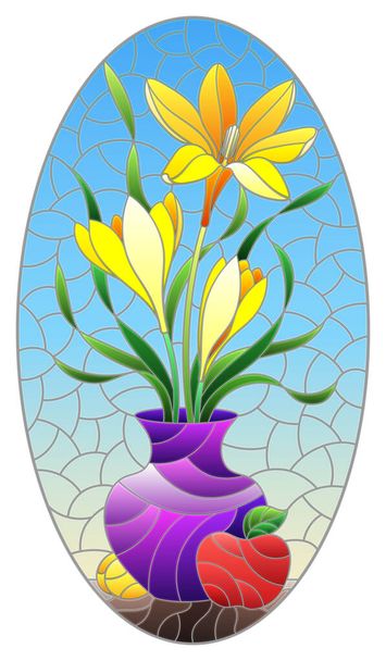 Illustration dans un style vitrail avec nature morte florale, un bouquet de fleurs jaunes dans un vase et des fruits sur un fond bleu ciel, image ovale - Vecteur, image