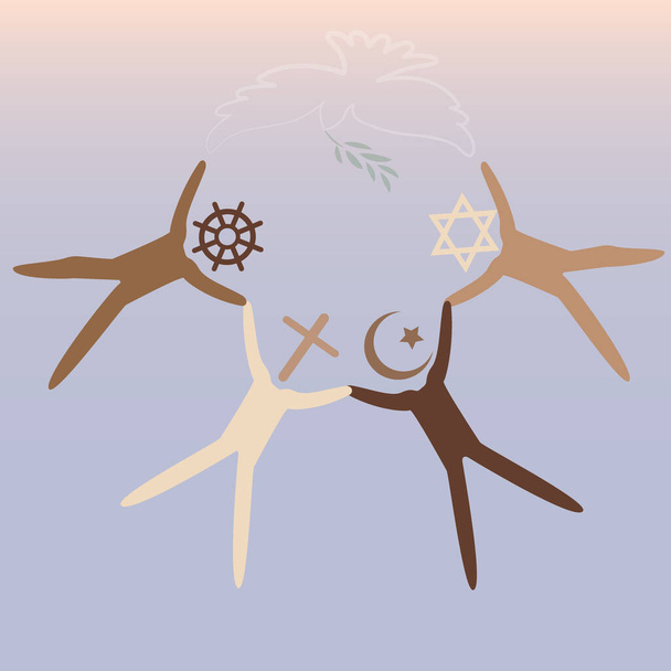異なる宗教の人々。イスラム教徒。ユダヤ教ユダヤ人。仏教。キリスト教。宗教ベクトル記号と文字。異なる信条のための友情と平和 - 写真・画像