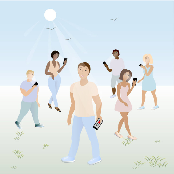 Affected people forget to be happy about their life, landscapes, sun and nature. Flat vector illustration - Photo, Image
