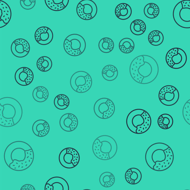 Schwarze Linie Donut mit süßer Glasur Symbol isoliert nahtlose Muster auf grünem Hintergrund. Vektor - Vektor, Bild