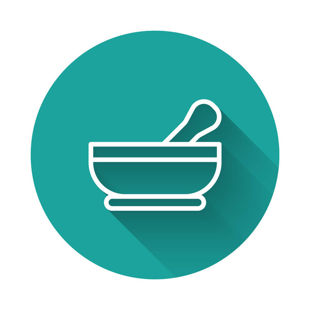 White line Mortar and pestle icon isolated with long shadow background. Green circle button. Vector - Vector, Image