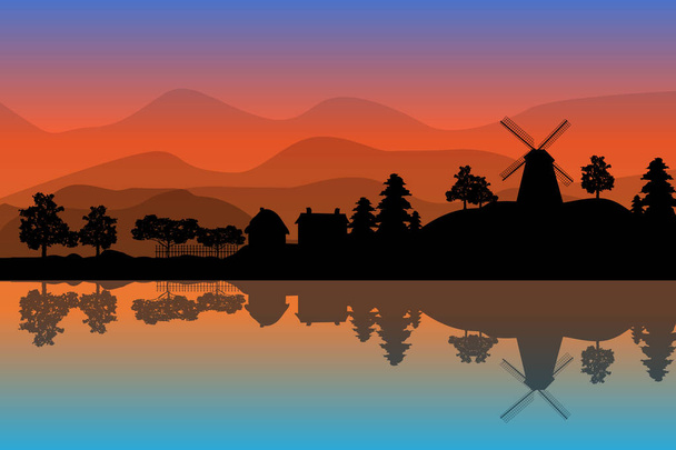 Пейзаж с ветряной мельницей, дома и деревья на закате на фоне холмов. Деревенский пейзаж с отражением в воде. Деревенская панорама на побережье вечером летом. Восход солнца на природе. Векторная иллюстрация - Вектор,изображение
