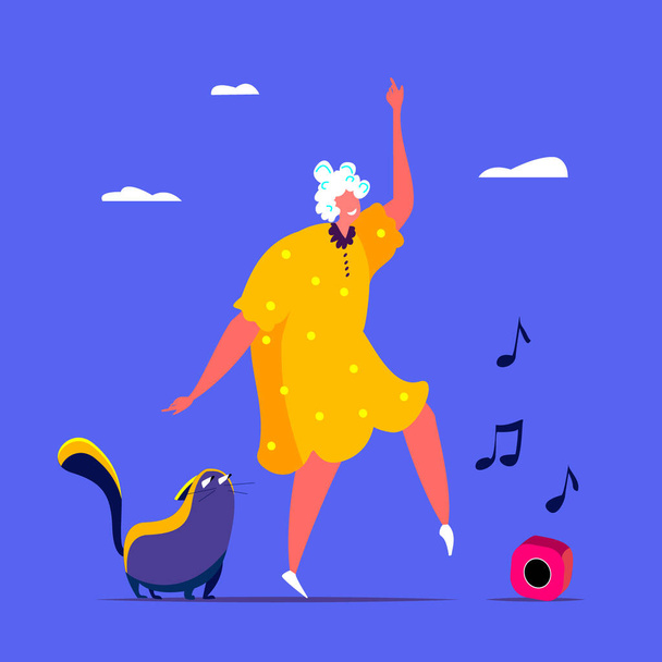 Fröhliche Oma tanzt und amüsiert sich gut gelaunt. Ältere Tänzer. Vektorflaches Porträt einer alten, niedlichen Frau, die mit ihrer Katze herumhängt. Cartoon-Stil. Charakterdarstellung. Gesunder Lebensstil. - Foto, Bild