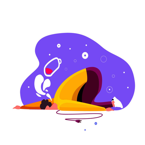 Tired man fell on the floor laid his exhausted head. Overwhelmed workaholic got his batter low, has no energy to move on. Frustrated guy in a terrible fatigue and weakness. Flat vector illustration - Photo, Image