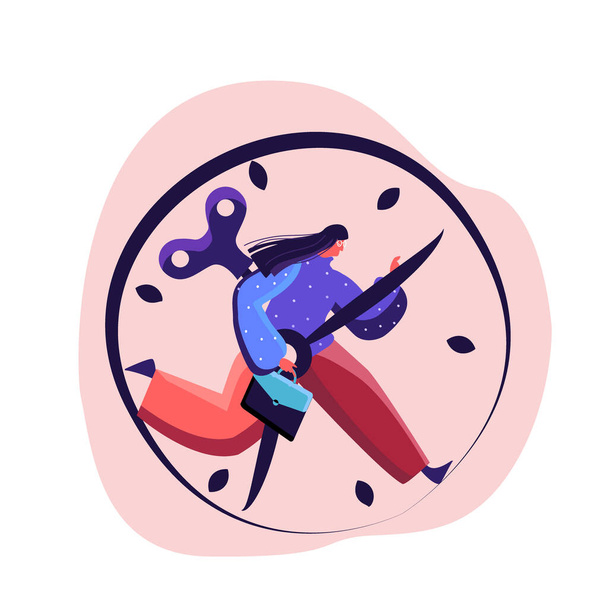 Overwhelmed businesswoman is in a hurry being late for meeting, Rushing to Implement her Business Idea, Carrying hes attache case and holding clock hand to stop. Exhausted worker. Flat illustration - Photo, Image