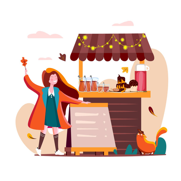 Cute friendly girl inviting customers to her fair shop to taste hot drinks and sweet bakery products. Small business shop start up. Hot tea and cupcakes stall . Vector flat design illustration. - Photo, Image