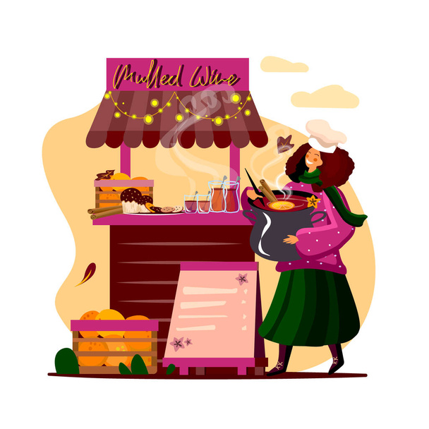 Cute friendly girl cooking a mulled wine inviting customers to her fair shop to taste hot drinks and sweet bakery products. Small business shop start up. Hot beverage and cupcakes stall. Vector flat - Photo, Image