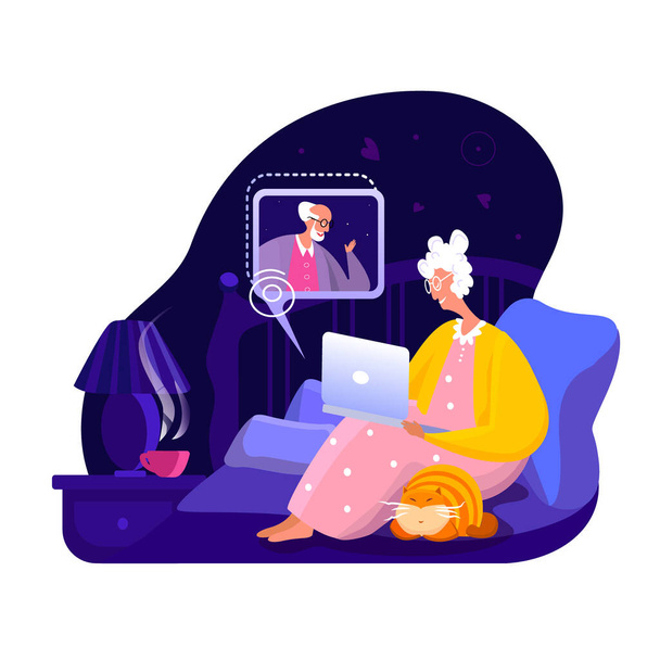 年金受給者のおばあちゃんは、ベッドの上に座ってラップトップを使用して彼女の古い新郎に話しておばあちゃんおばあちゃんマスタリングコンピュータとインターネット仮想チャットや通信オンライン会話アイコンフラットベクトルイラスト - 写真・画像