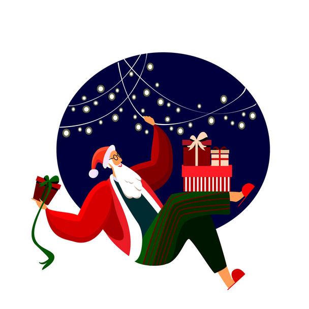 Merry Christmas fairy Santa Claus in Traditional winter Costume climbing a garland to prepare a surprise Xmas Desires. Holding a lot of presents and gifts for children Cartoon Flat Vector Illustration - Photo, Image