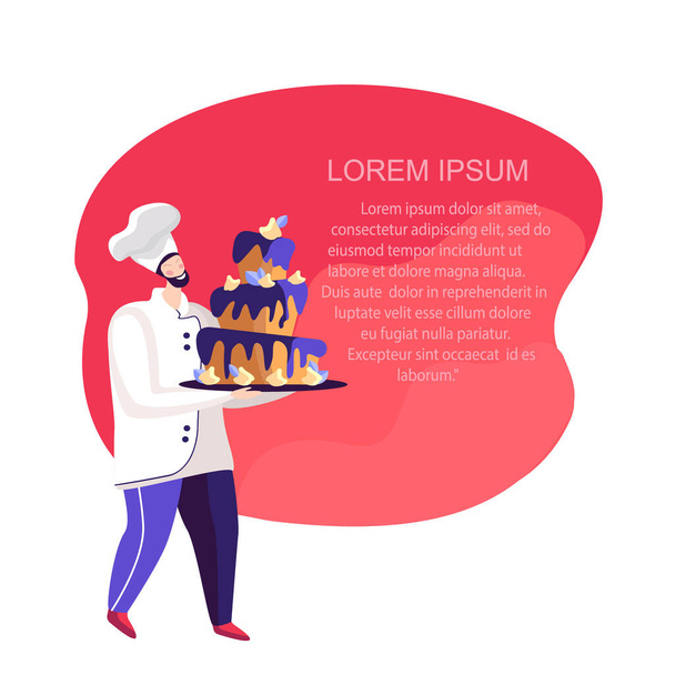 Man presents Festive Cake with Blueberry Cream. Character in Chef Uniform and Cap holding Huge Pie. Bakery Giant Dessert for Birthday or Wedding Flat Vector Illustration place for Text and Description - Photo, Image