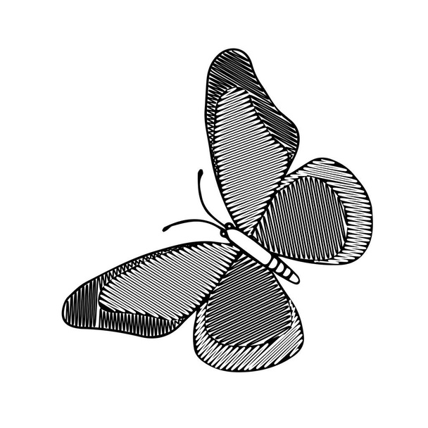 Illustrazione vettoriale nera disegnata a mano di una farfalla scarabocchiata sta volando su uno sfondo bianco per il ricamo - Vettoriali, immagini