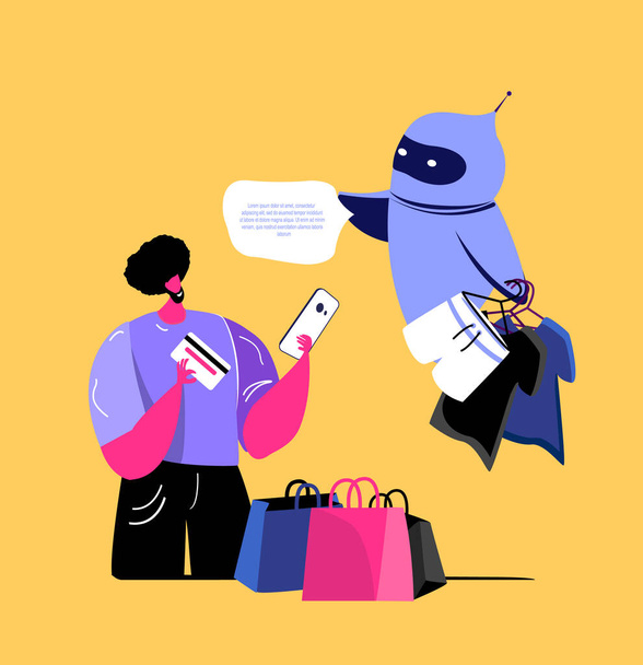 Nuori afrikkalainen mies Shopping Online avulla Digital virtuaalinen Chatbot Cyber Robot. Myynti Consumerism konsepti älypuhelimella Chat bot ja tulevaisuuden markkinointi Dialog help service Flat vektori kuva - Valokuva, kuva