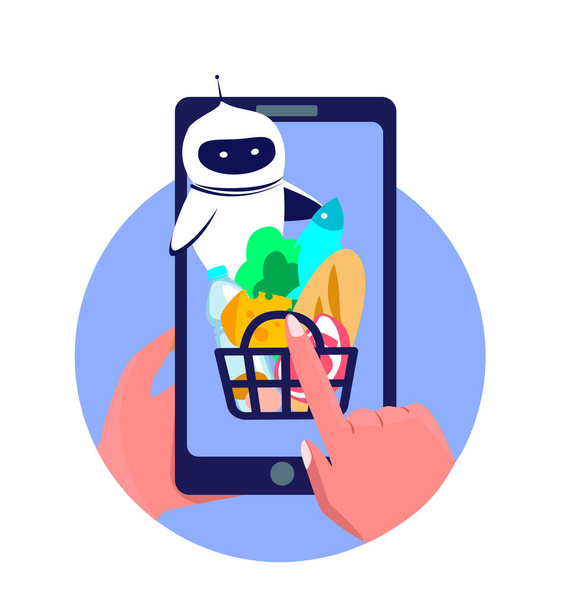 Chat Bot Cyber Robot Help om voedsel online te bestellen. Digitale bestelmand met goederen, voedsel, producten.Winkelen in toepassing.Verkoop, Consumentisme op Smartphone Mobile App. Koop bij thuis.Flat Vector Illustration - Foto, afbeelding