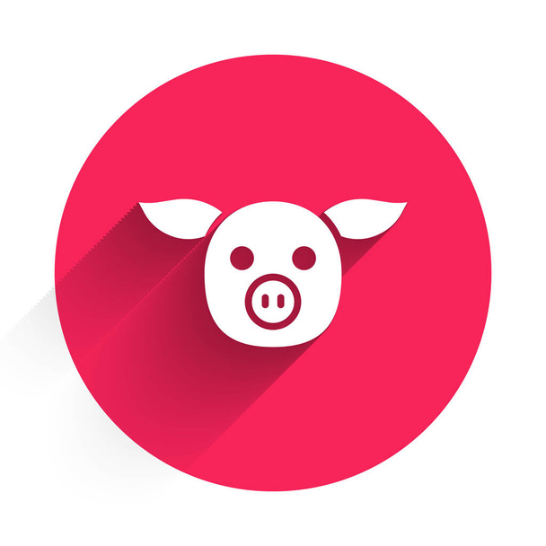Icono de cerdo blanco aislado con sombra larga. Símbolo animal. Botón círculo rojo. Vector. - Vector, imagen