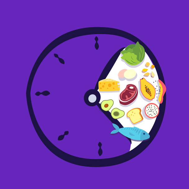 断続的な断食の概念。時計針は、健康的な食品消費を食べる時間を制限します間隔栄養規律によって立って重量方法を失うためにダイエットバイオハッキング要素フラットベクトルイラスト - 写真・画像