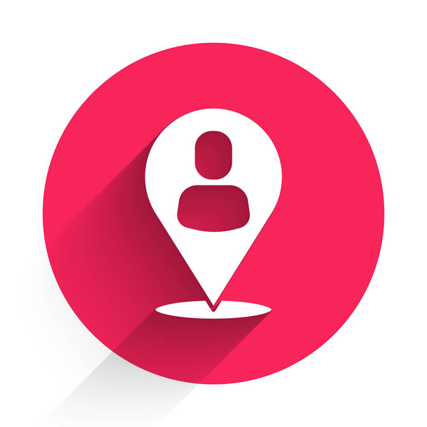 White Worker location icon isolated with long shadow. Red circle button. Vector. - Vector, Image