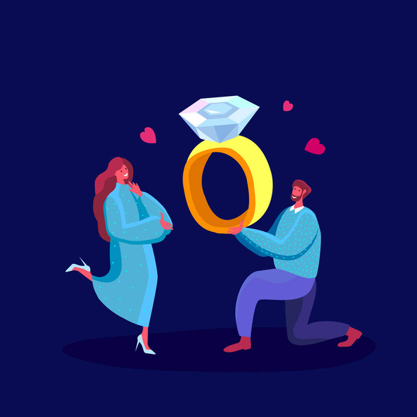 愛の婚約、致命的な提案。結婚指輪と膝の上に立つ若い男は、女性が彼女に彼と結婚を頼むことを提供します.周りの心。驚きだ。結婚の概念。漫画フラットベクトルイラスト. - 写真・画像
