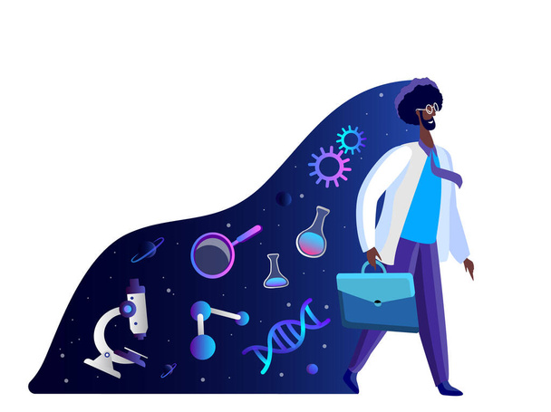 Laboratuvarda önlüklü Afrikalı erkek bilim adamı yürüyor. Bilimsel Genetik Araştırmalar Biyolojik Analiz Büyüteci, Mikroskop, Atom Molekül DNA tüpleri. Düz vektör illüstrasyonu - Fotoğraf, Görsel