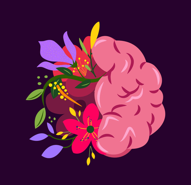 Güzel Çiçekli Beyin Sistemi, Cerebrum Yapısı. Çiçek Anatomisi. Çiçek İç Organizasyonu. Nöroloji Organizasyonu. Beyincik Sağlığı. Anatomik Parlak Beyin, Çiçekler, Bitkisel Doğa. Düz Vektör İllüstrasyonu - Fotoğraf, Görsel