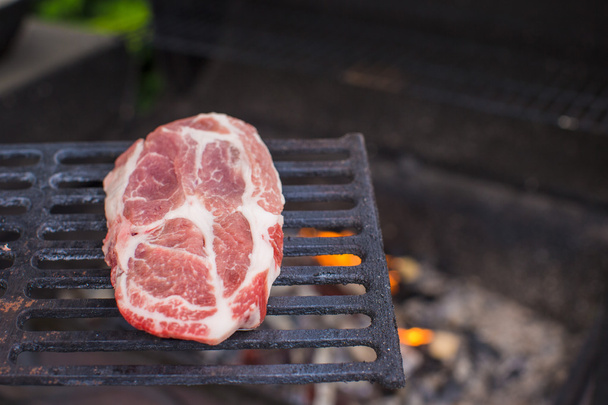 Juicy raw steak on barbecue background outdoor - Foto, immagini