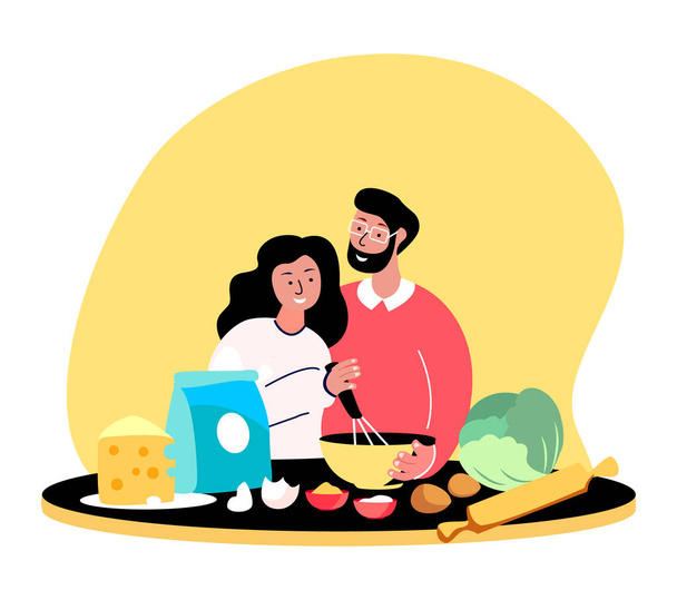 Young Happy Couple Woman and Boyfriend Man Husband Cooking Bakery on Kitchen. Family Having Fun Together. Loving People Stay Home.Adult Romantic Loving Sweetheart Cook Dinner. Flat Vector Illustration - Photo, Image