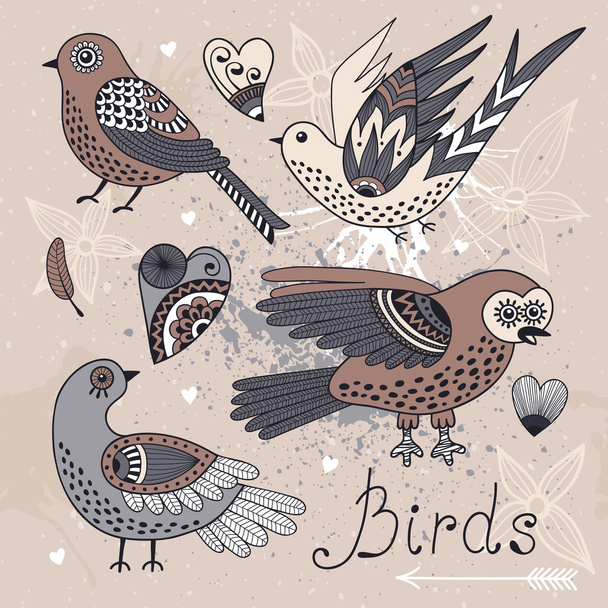 Vector set birds and hearts. - Vector, Image
