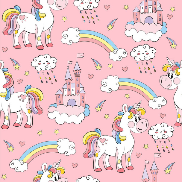 Seamless pattern with toy unicorns, castles and rainbows on pink background. Vector illustration for party, print, baby shower, wallpaper, design, decor, linen, dishes, bed linen and kids apparel - Vector, Image