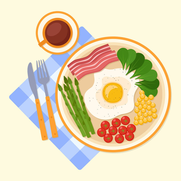 Breakfast with fried egg, tomato, corn, greens, asparagus and bacon, coffee, vector illustration - Vector, Image