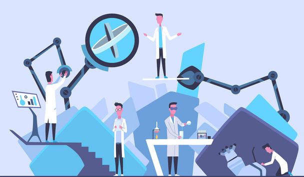 Scientists in laboratory. Males in lab concept who making research. People in white coat, chemical or technical researchers with laboratory equipment. Concept design of specialists working - Vector, Image