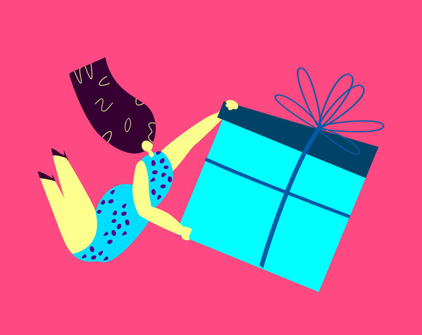 Happy Festive Woman with Huge Box of Present, Gift for Birthday, Valentine Day or Christmas New Year Holiday. Young Girl Holding Gift Boxes. привітання Celebration Shopping.Purchases Flat Illustration - Фото, зображення