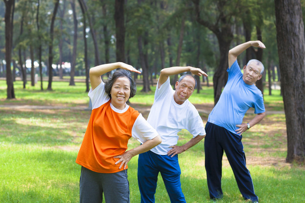 Всі літні люди займаються гімнастикою в парку
 - Фото, зображення