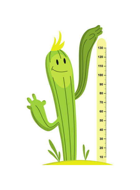 Parete metro con buon cactus. Adesivo per misurare l'altezza dei bambini. Illustrazione divertente del fumetto vettoriale per i bambini - Vettoriali, immagini