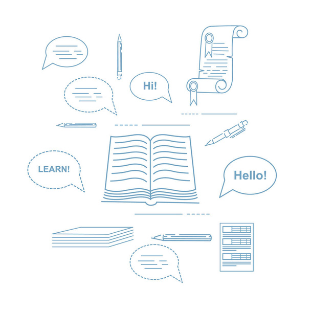 Overzicht stijl Engels taalcursussen online onderwijs concept of vertaaldienst vector illustratie op witte achtergrond - Vector, afbeelding