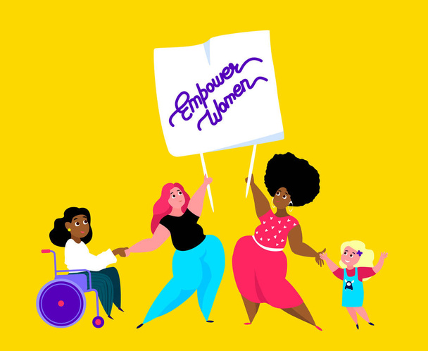 International Woman Day.Feminism concept.Different Nationality Girls,African,Wheelchair Disabled,Child Girl Together Holding Slogan.Free Confident Women.Feminine Female Empowerment.Vector illustration - Photo, Image