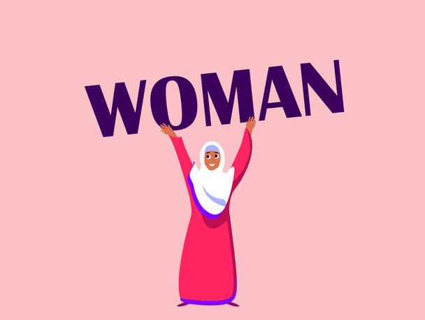 Happy International Woman Day Congratulation.Feminism concept.Bright Muslim Smiling Girl in Hijab with Appealing Woman Word. Eight of March.Free Confident Women.Female Empowerment. Vector illustration - Photo, Image