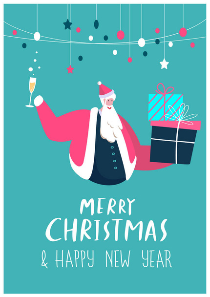 Joyeux Noël et Joyeuses Fêtes.Santa Claus Holding Cadeaux Cadeaux Boîtes et verres à champagne.Achat de vente. Vacances d'hiver festives.Salutations de Noël. Illustration vectorielle plate du Nouvel An - Photo, image