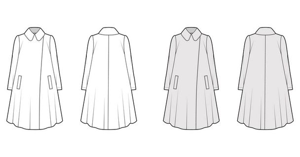 Σκηνή παλτό τεχνική απεικόνιση μόδας με μακριά μανίκια, στρογγυλό γιακά πέτο, oversized τραπέζιο σώμα, μήκος γόνατος - Διάνυσμα, εικόνα