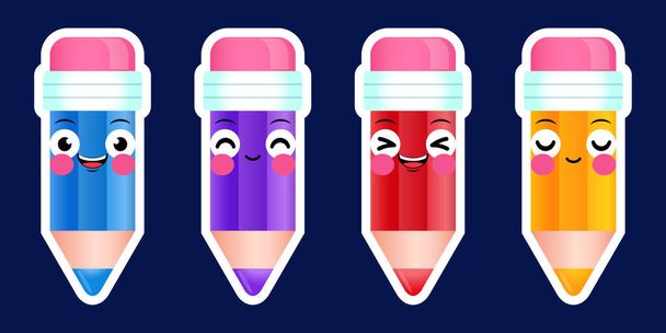 Illustration vector graphic of Cartoon Cute Pencils Sticker Emoticon Face Positive Emotions Set Vector.  Perfect for children book cover, children book illustrations, game illustration, banner, animation, etc. - Wektor, obraz