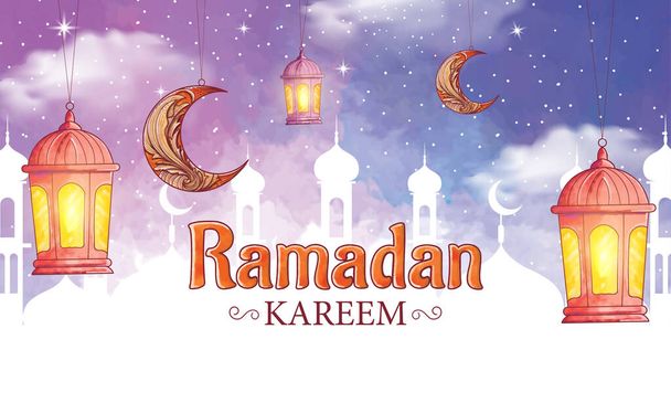 Ręcznie rysowane akwarela ramadan kareem tło z dekoracjami księżyc - Wektor, obraz