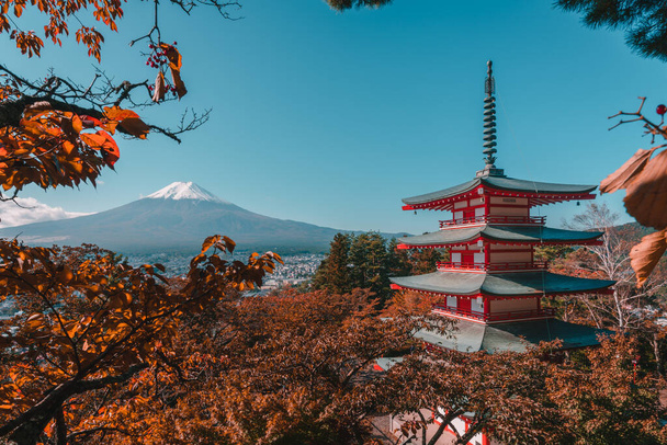 Gyönyörű kilátás nyílik a Mt. Fuji és Chureito Pagoda ősszel, Japánban - Fotó, kép